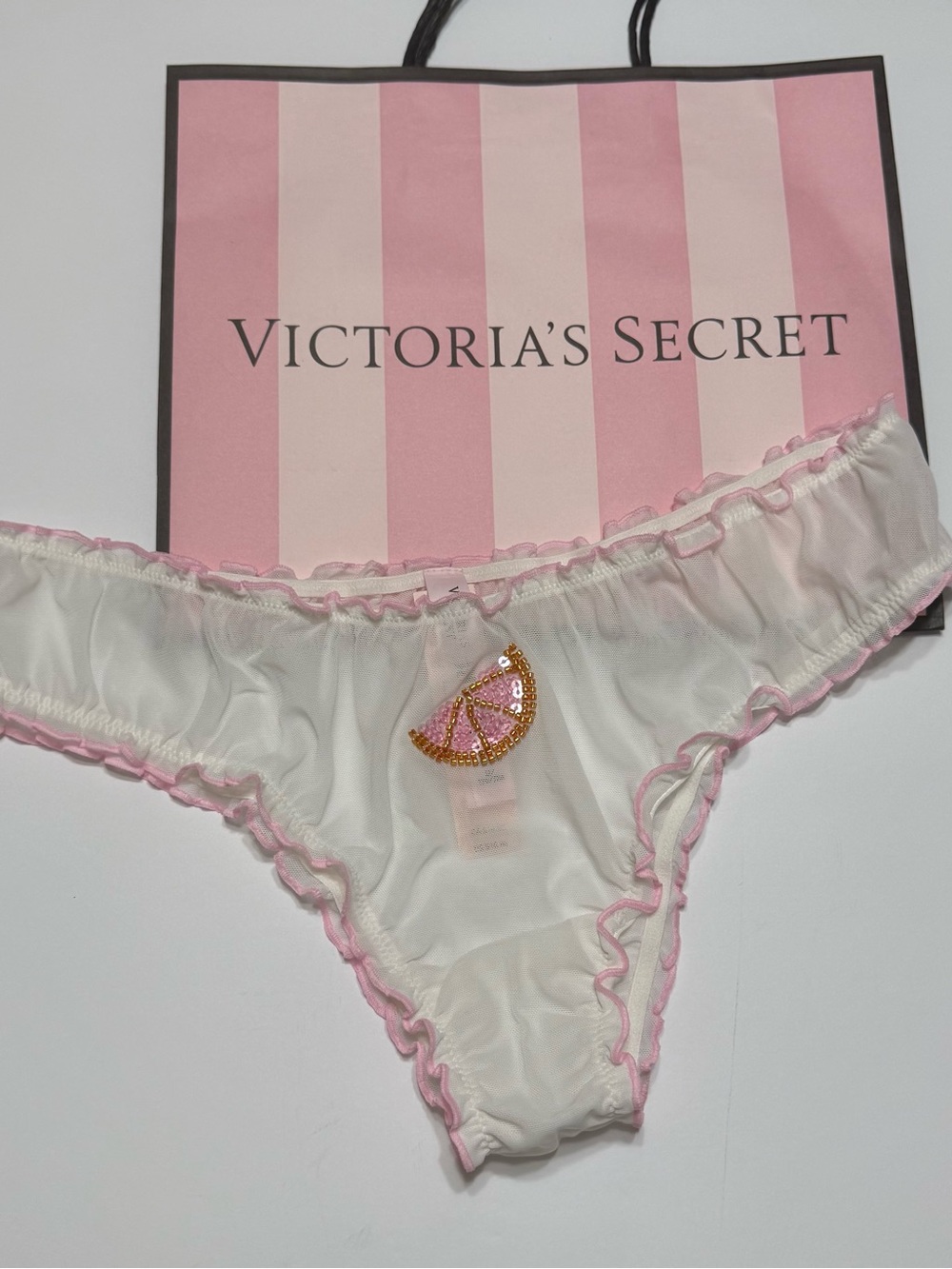 Victoria's Secret TEASE White & Pink Ruffle Beaded Cheeky Panty Sz M
